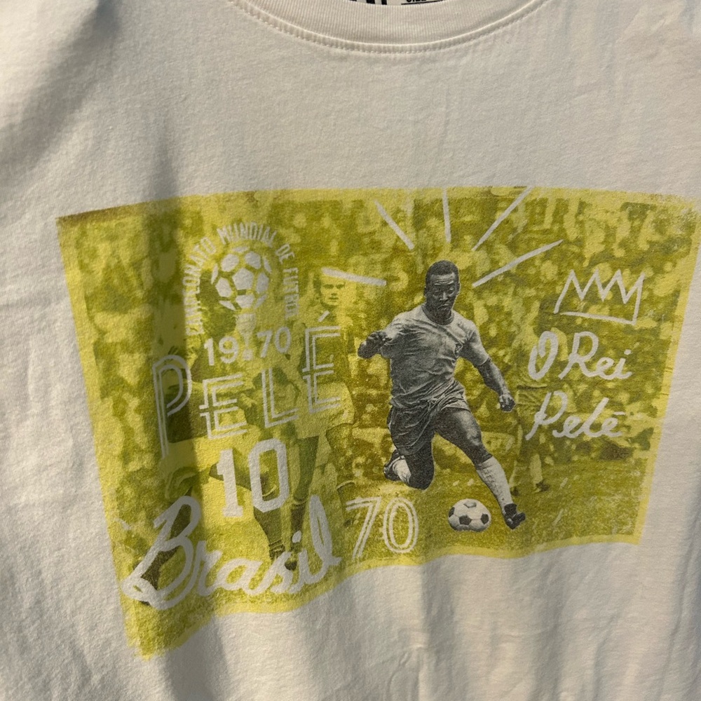 Pele 1970 White and Yellow Short Sleeve Tee with Vintage Graphic Brasil 10 PELE